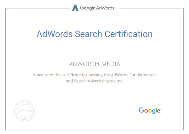 Adworth Media Google Search Ad Certificate